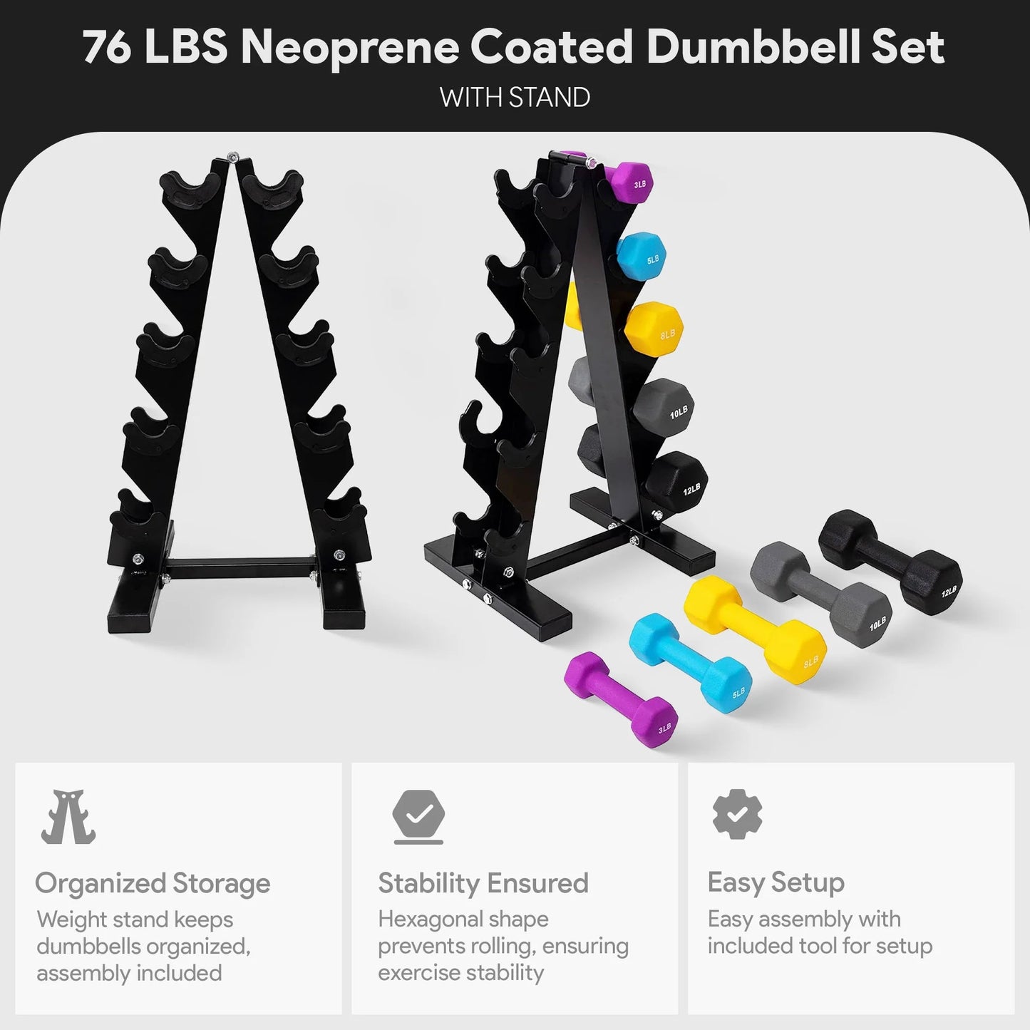 Fitness 76 Lb Neoprene Coated Dumbbell Set W/ Stand, Multicolor