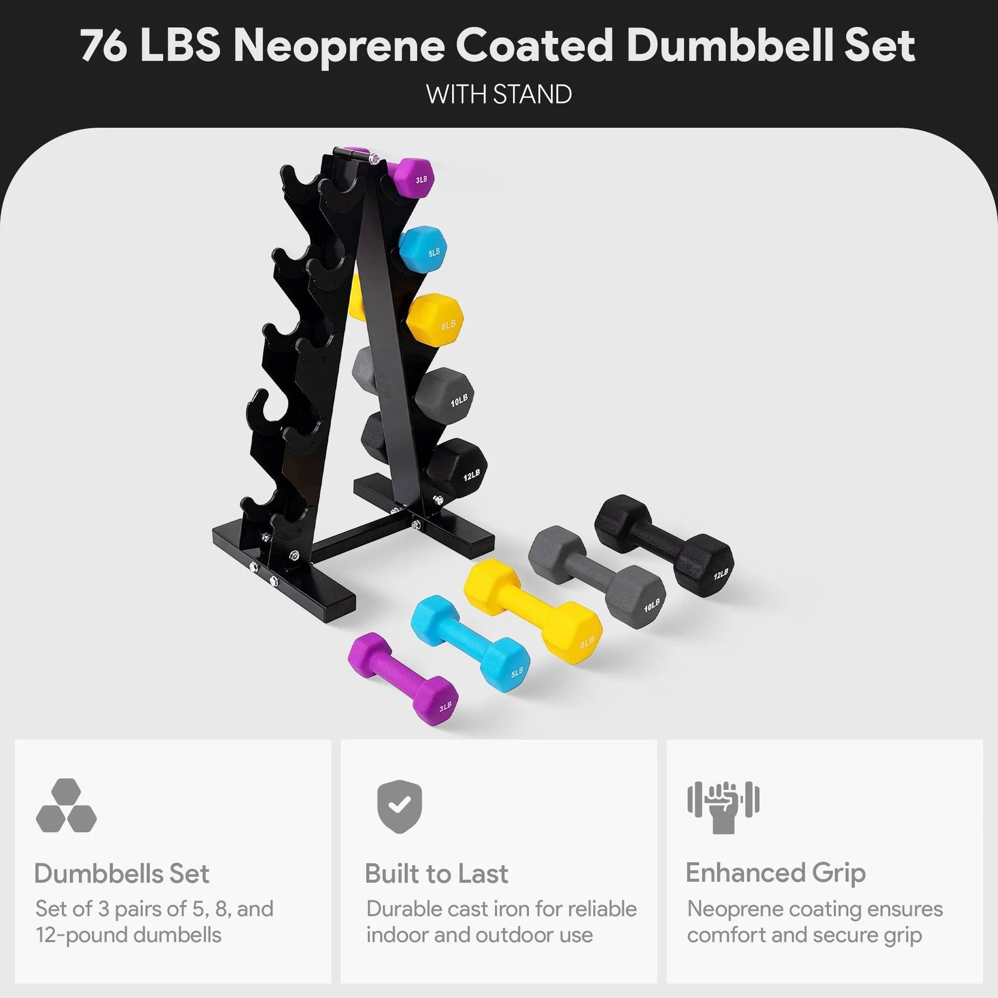 Fitness 76 Lb Neoprene Coated Dumbbell Set W/ Stand, Multicolor