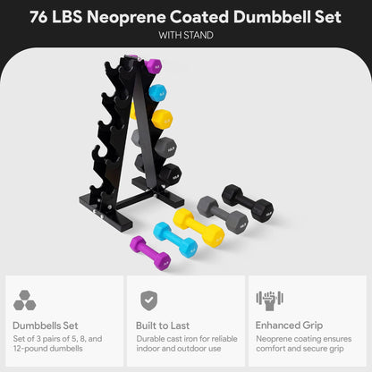 Fitness 76 Lb Neoprene Coated Dumbbell Set W/ Stand, Multicolor