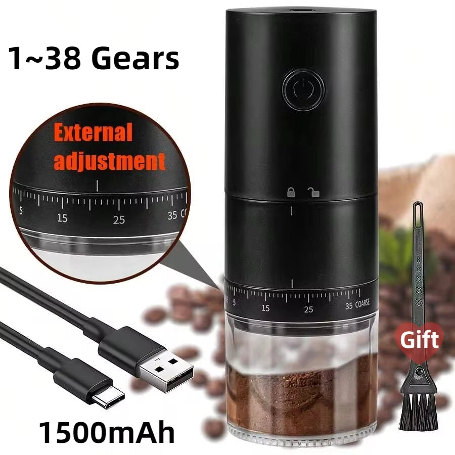 New Portable USB Electric Coffee Bean Grinder 38 Gears External Adjustable 1500Mah Rechargeable Household Mini Coffee Machine